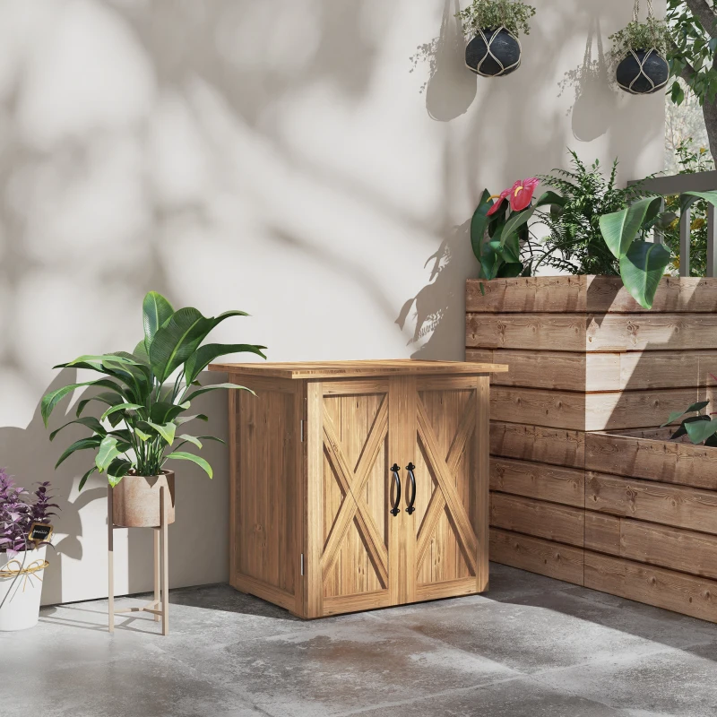 Outsunny Tuinhuisje met dubbele deuren, magneetsluitingen, weerbestendig, natuurlijk hout, 77B x 55D x 72H cm, bruin(m-7)