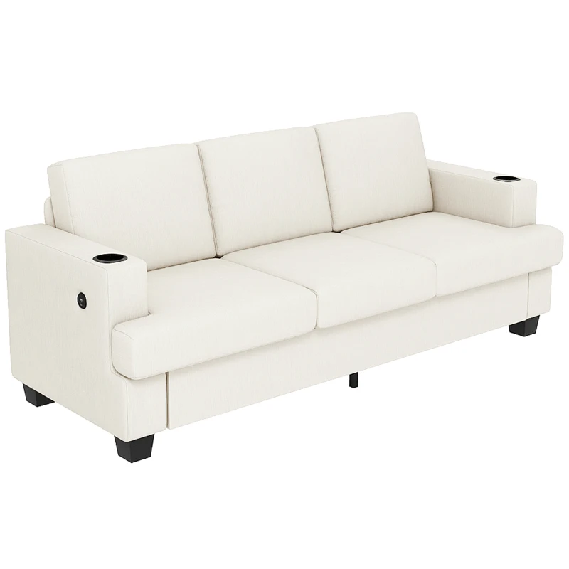 HOMCOM 3 Seater Sofa with USB Ports & Cup Holders - Cream White