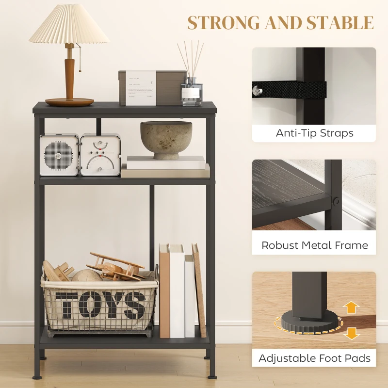 HOMCOM Consolă cu 3 Rafturi din Metal și Lemn, 55x30x81 cm, Negru