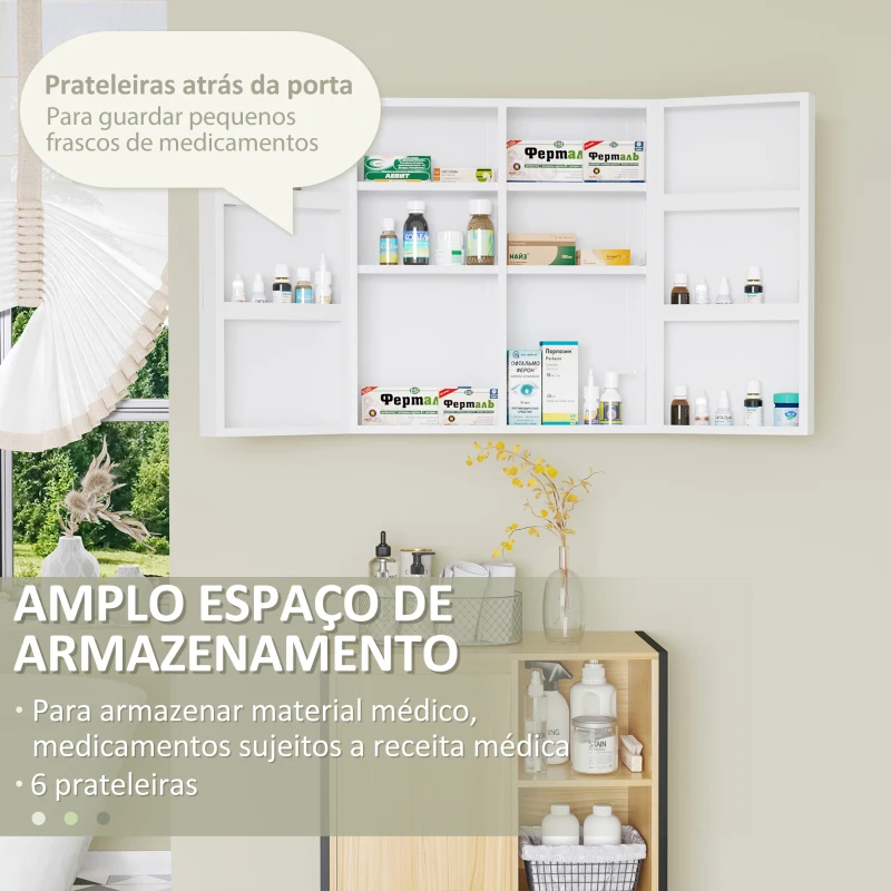 kleankin Armário para Medicamentos Armário de Primeiros Socorros de Parede em Aço de 3 Níveis com Fecho e 2 Chaves 55x18x60 cm Branco