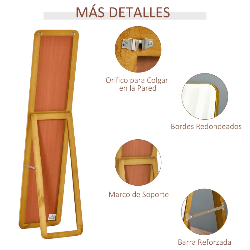 HOMCOM Espejo de Pie Cuerpo Entero Rectangular Espejo de Pared con 2 Formas de Uso Marco de Madera de Pino Moderno para Pasillo Dormitorio Sala de Estar 37x43x156 cm Nogal