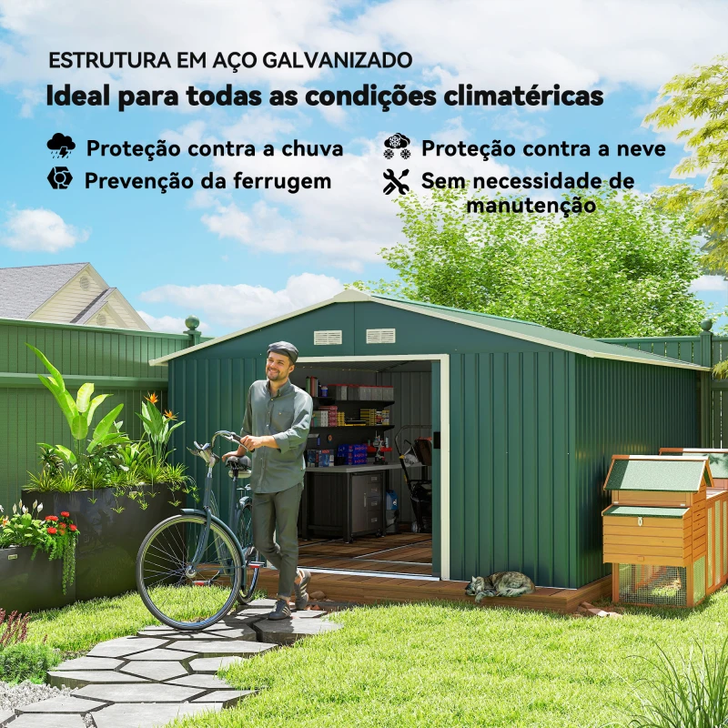 Outsunny Abrigo de Jardim Metálico 340x386x200cm Abrigo para Armazenamento de Ferramentas com Base de Reforço Incluida Verde