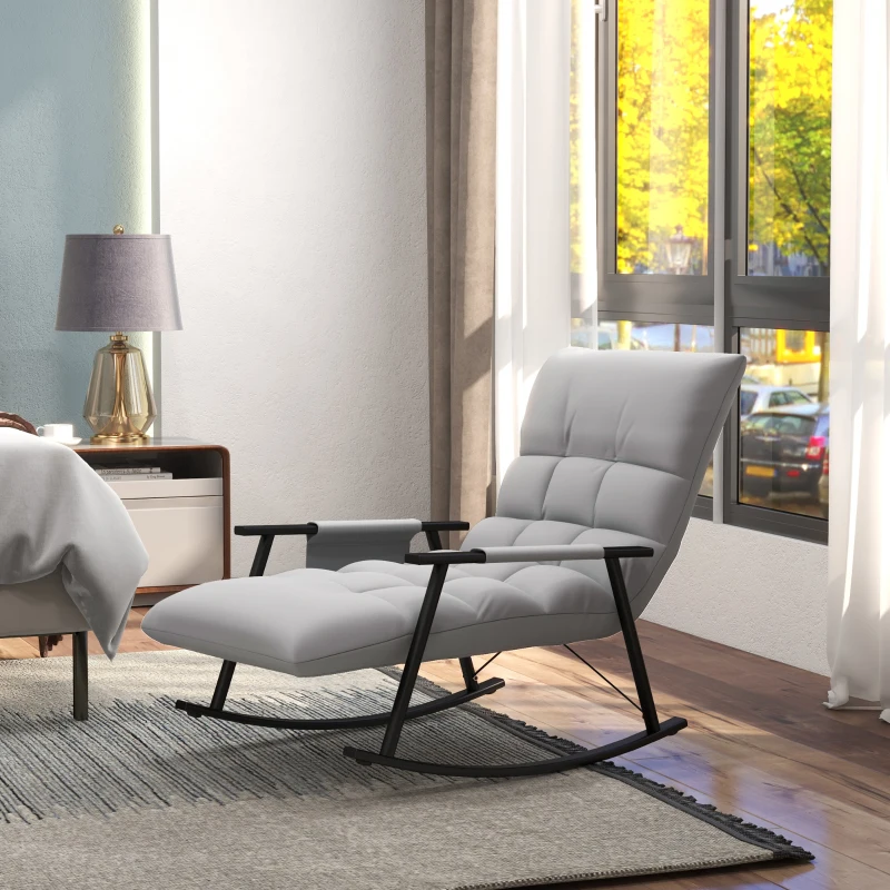 HOMCOM Schommelstoel, Verstelbare Rugleuning & Voetensteun, Met Zijvak, Comfortabel voor Ontspanning, Grijs