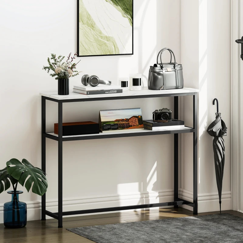 HOMCOM Console da Ingresso Stretta con Superficie Effetto Marmo Mensola Aperta e Struttura in Metallo 100x30x81 cm Bianco