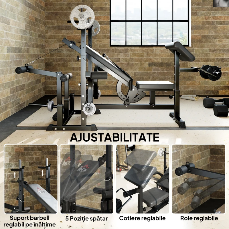 HOMCOM Bancă de Antrenament cu Suport pentru Halteră, 210x110x103-123 cm, Negru