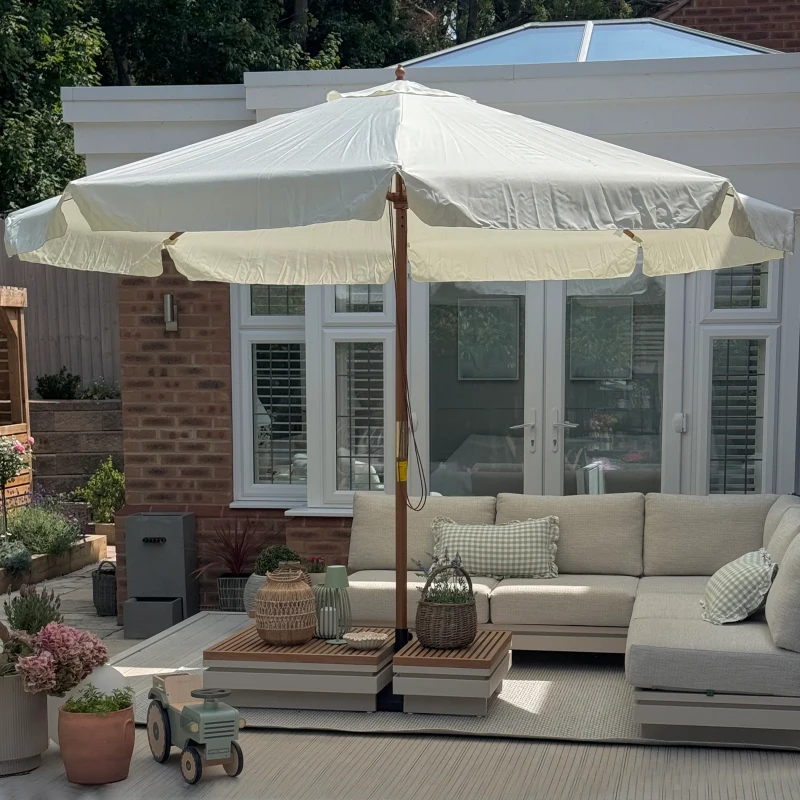 Outsunny Ombrellone da Giardino con Doppio Tettuccio, in Legno di Bambù e Poliestere, Ø325x250 cm, Crema