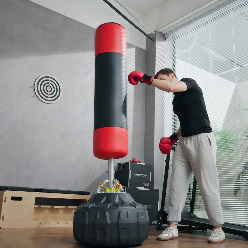 HOMCOM Sac de frappe boxe autoportant punching ball Ø 60 x 180 cm ventouses antidérapantes amortisseurs noir rouge