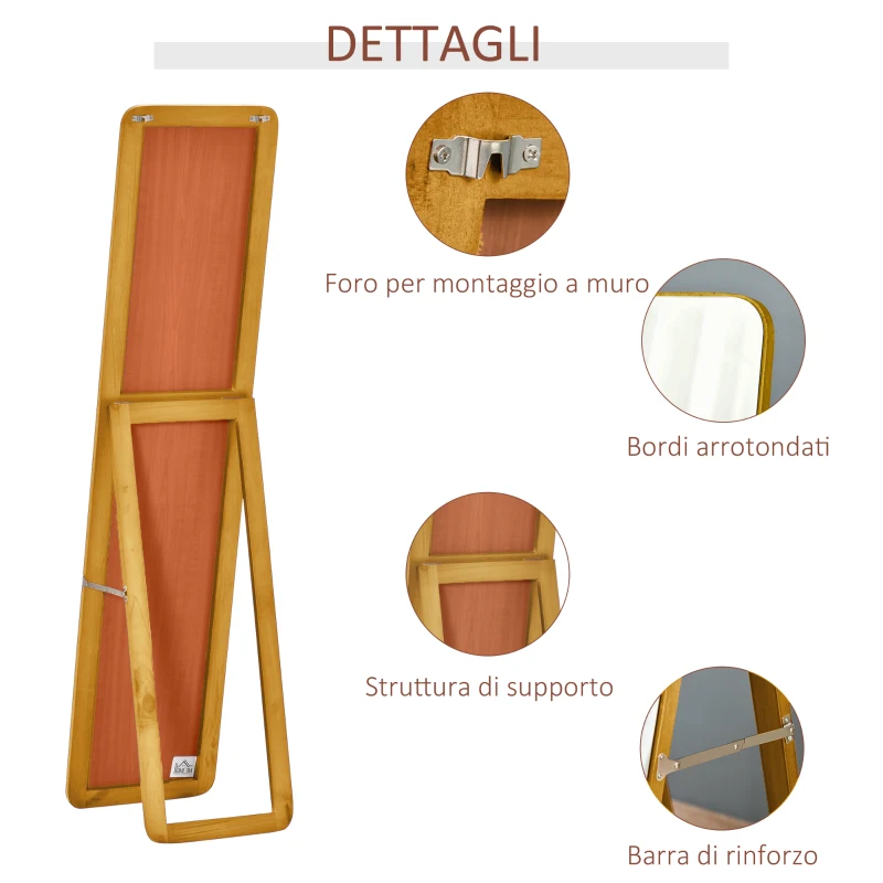 HOMCOM Specchio da Terra e da Parete con Struttura in Legno, Supporto Pieghevole con Cerniera, 37x43x156cm, Noce Chiaro