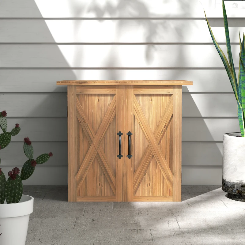 Outsunny Tuinhuisje met dubbele deuren, magneetsluitingen, weerbestendig, natuurlijk hout, 77B x 55D x 72H cm, bruin(m-8)