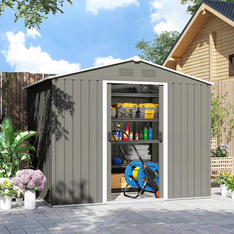 Outsunny Abrigo de Jardim de 3,6 m² 236x174x190 cm para Armazenamento de Ferramentas com Portas de Correr e 4 Janelas de Ventilação Cinza