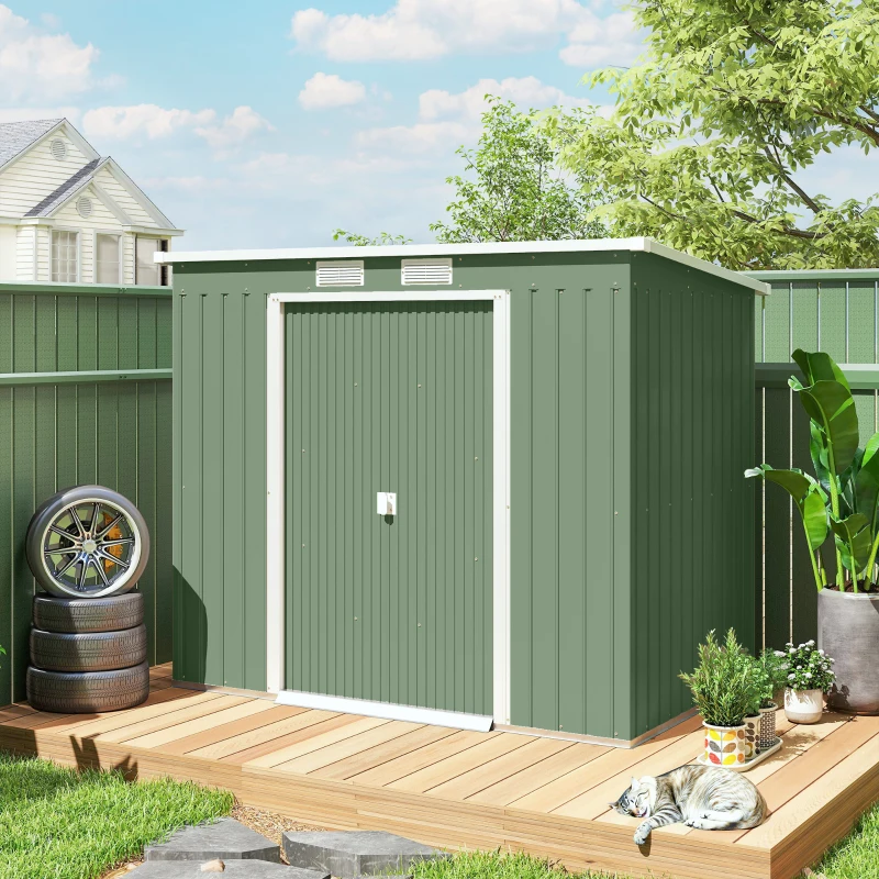 Outsunny Abri de jardin 2,42m² en métal avec toit en pente cabane de jardin abri à outils fondation en acier galvanisé incluse - 2 portes coulissantes et fondation - 213 x 130 x 173 cm