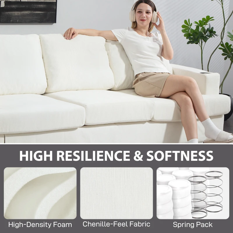 HOMCOM 3 Seater Sofa with USB Ports & Cup Holders - Cream White