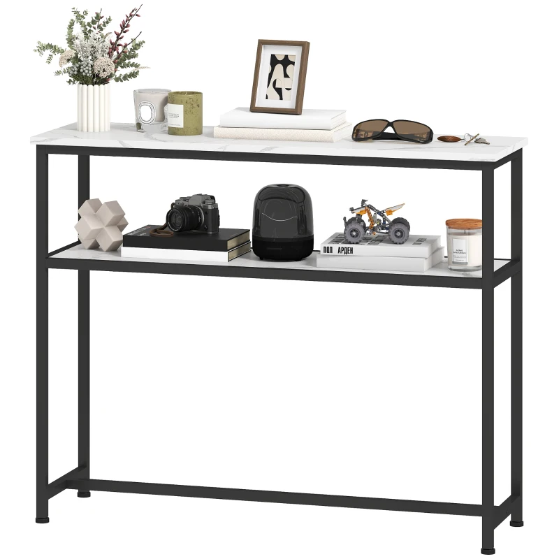 HOMCOM Console d'Entrée Étroite avec Surface Effet Marbre Etagère Ouverte et Structure Métallique 100x30x81 cm Blanc