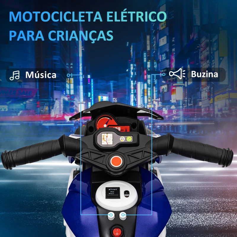 HOMCOM Motocicleta Elétrica Infantil com 3 Rodas com Bateria 6V Recarregável Funções de Música Buzina Faróis 86x42x52 cm Azul