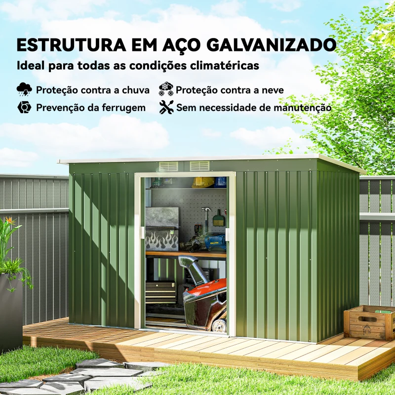 Outsunny Abrigo de Jardim 280x130x172cm Abrigo de Exterior de Aço Galvanizado com Porta Corredeira e Ventilações Verde Claro