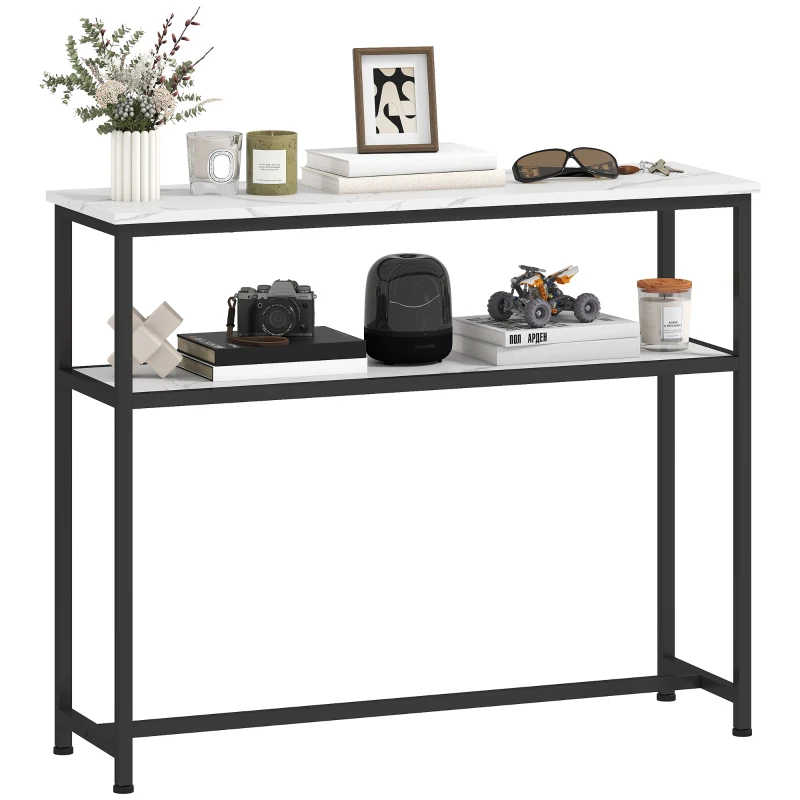 HOMCOM Console d'Entrée Étroite avec Surface Effet Marbre Etagère Ouverte et Structure Métallique 100x30x81 cm Blanc