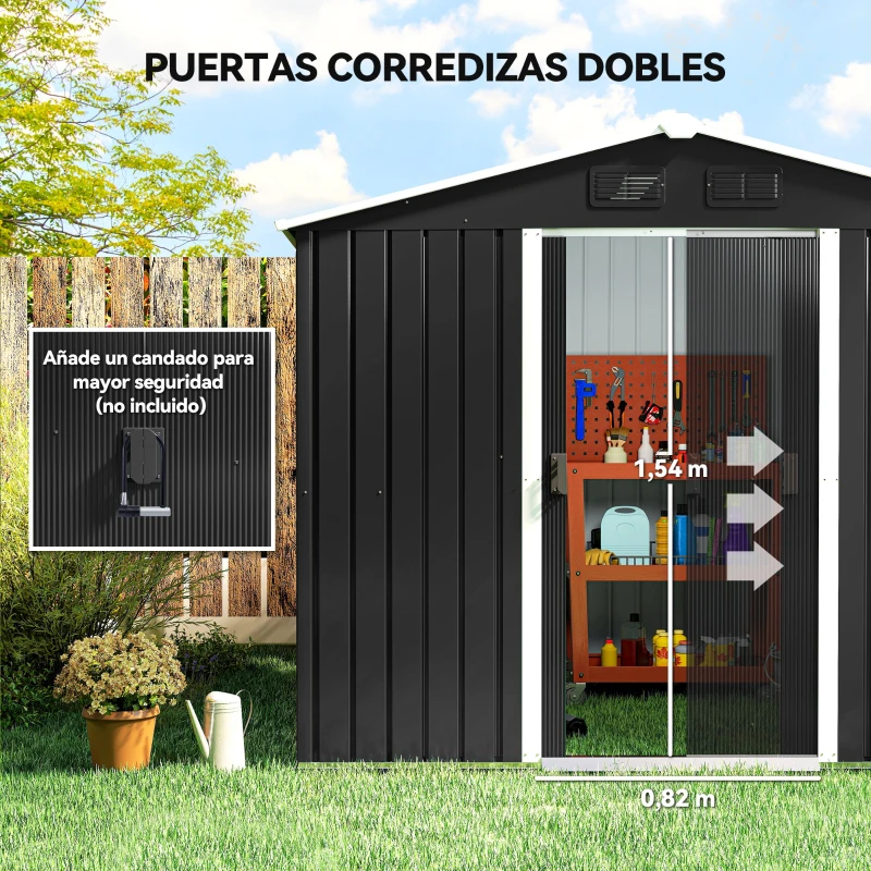 Outsunny Caseta de Jardín de 3,6m² 236x174x190 cm Cobertizo Exterior para Herramientas con Puertas Correderas y 4 Ventanas Gris