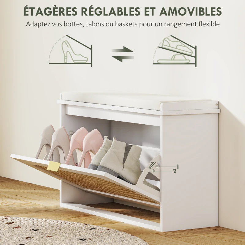 HOMCOM Banc à chaussures, banc de rangement, assise rembourrée, tiroir rabattable, porte en rotin, 80 x 26 x 47,5 cm, blanc