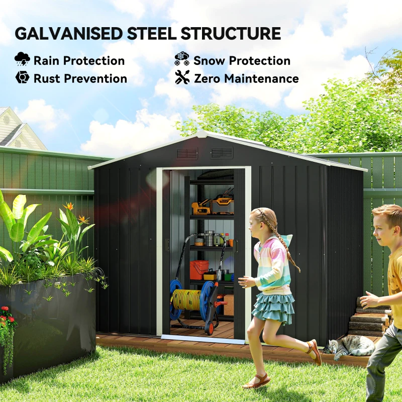 Outsunny 7.7 x 5.7ft Metal Garden Shed, Galvanised Outdoor Tool Storage House with Ventilation Slots and Sliding Doors, Grey