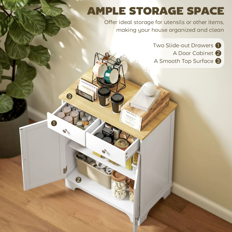 HOMCOM Bufet de Bucătărie cu Dulap 2 Uși și 2 Sertare, Alb și Lemn