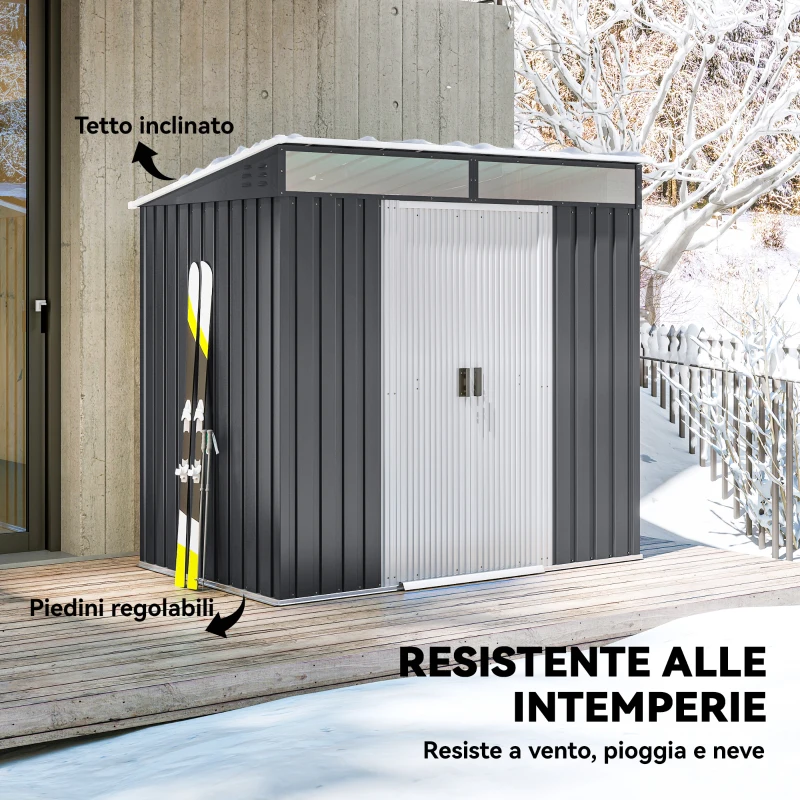 Outsunny Casetta da Giardino Porta Attrezzi con 4 Finestre e 2 Ganci, in Acciaio Zincato, 195x122x181.5 cm, Grigio