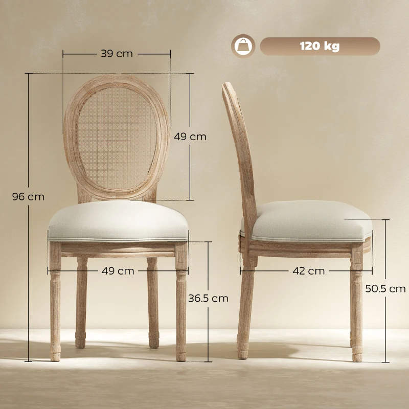 HOMCOM set van 2 eetkamerstoelen vintage keukenstoel gestoffeerde stoel met rotan rugleuning linnen touch rubber hout wit 49 x 56 x 96 cm