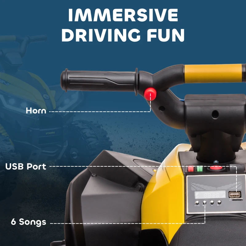 HOMCOM Elektrisch Kinderquad met LED-Koplampen, MP3-Speler en Schokdempers, Ergonomische Zit, Geel+Zwart(m-6)