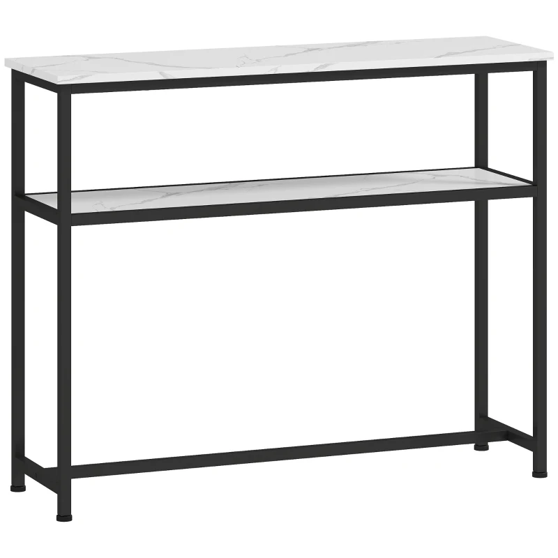 HOMCOM Consola Recibidor Estrecha con Superficie con Efecto Mármol Estante Abierto y Marco de Metal 100x30x81 cm Blanco
