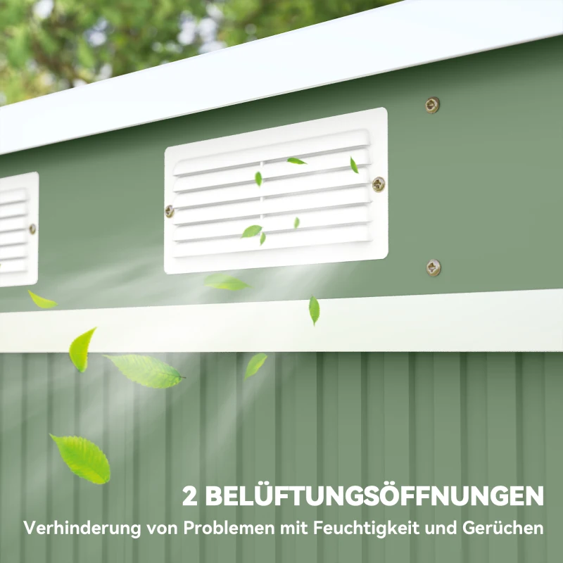 Outsunny Geräteschuppen, mit Lüftungsfenstern, Schiebetüren, verzinkter Stahl, 213 x 130 x 159 cm, Grün(m-7)