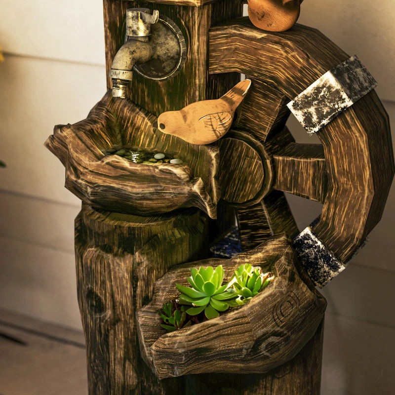 Outsunny Fuente de Cascada 2 en 1 con Casita para Pájaros con Luces LED y Bomba Característica de Jardín con Troncos Multicolor