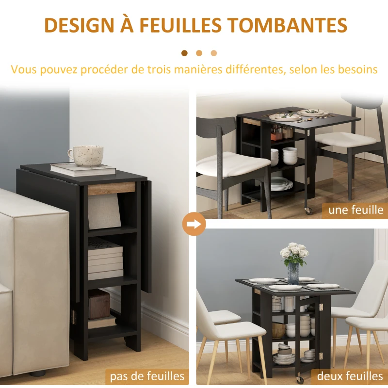HOMCOM Table de cuisine table de salle à manger pliable amovible 3 étagères 2 abattants design moderne 120 x 60 x 75 cm noir