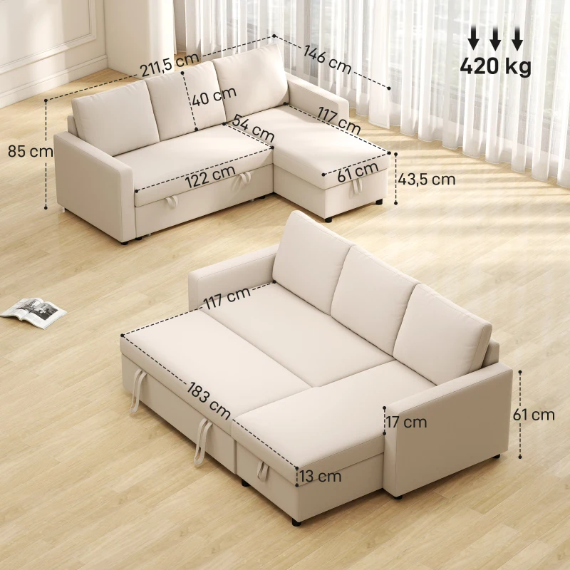 HOMCOM Ecksofa umwandelbar mit umkehrbarer Récamière, integriertem Stauraum und 3 Rückenkissen, Creme