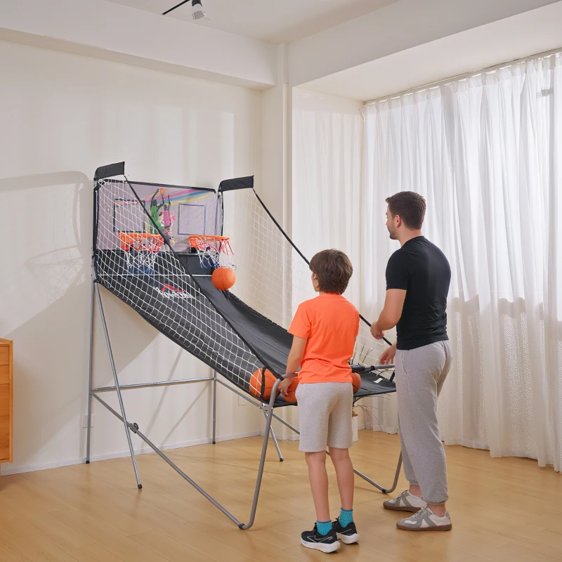 HOMCOM Coș de Baschet cu Panou LED, Pompă, 2 Coșuri, 4 Mingi și 8 Moduri de Joc, 205x110x205 cm, Negru