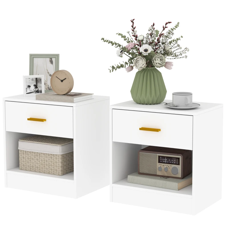 HOMCOM Lot de 2 tables de chevet, table de nuit avec 2 tiroirs et étagères ouvertes, style moderne, 39 x 28 x 41 cm, blanc