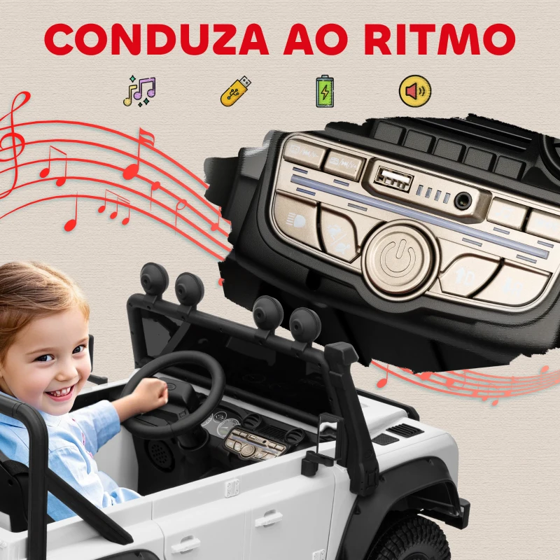 AIYAPLAY Carro Elétrico para Crianças com Licença Land Rover 12V Controlo Remoto Sistema de Suspensão USB MP3 Velocidade Ajustável Faróis 115x61x61 cm Branco