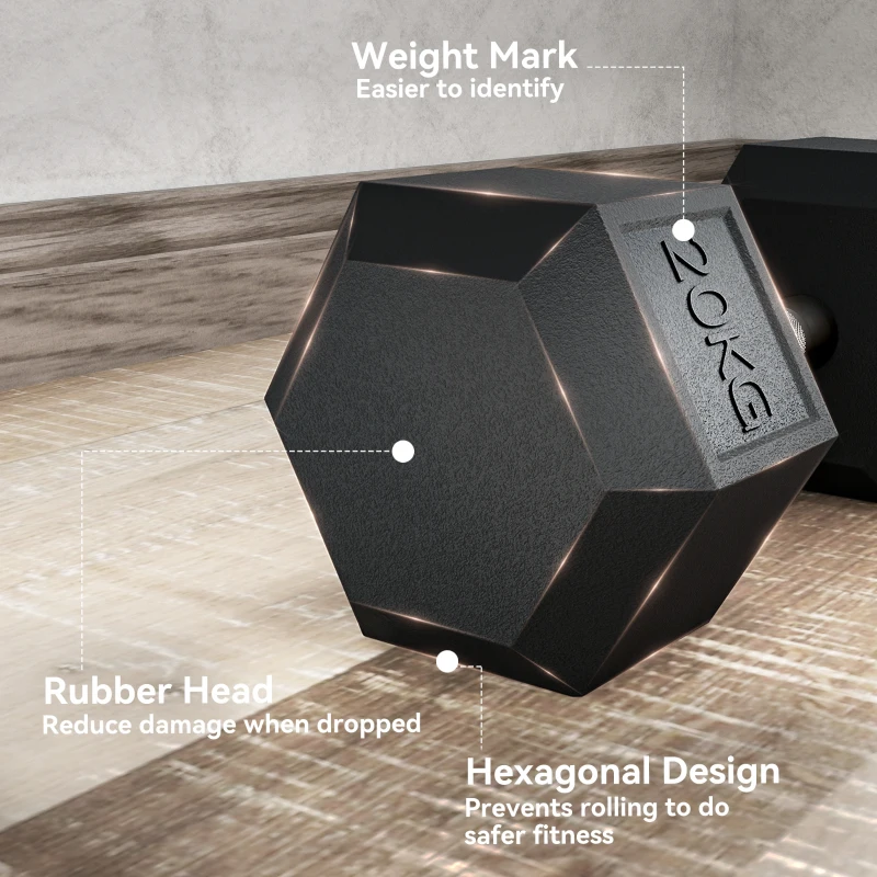 HOMCOM rubberen halter fitness halter halter voor trainingsruimte kantoor enkele halter zeshoekige vorm staal rubber zwart 20 KG