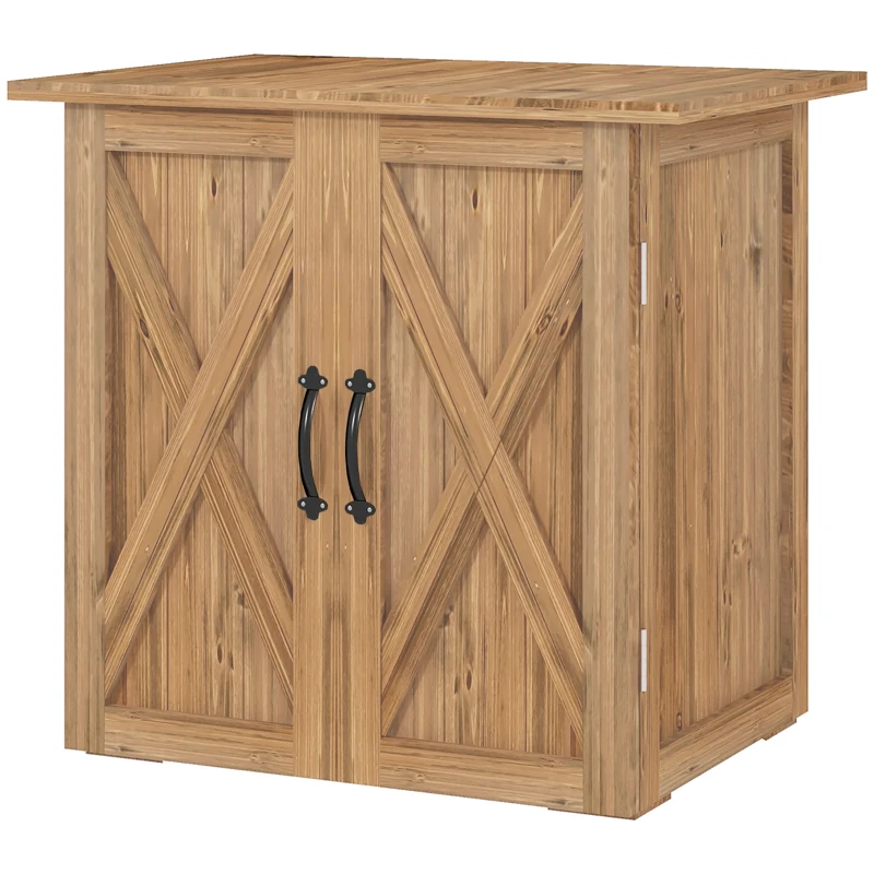 Outsunny Tuinhuisje met dubbele deuren, magneetsluitingen, weerbestendig, natuurlijk hout, 77B x 55D x 72H cm, bruin(m-11)