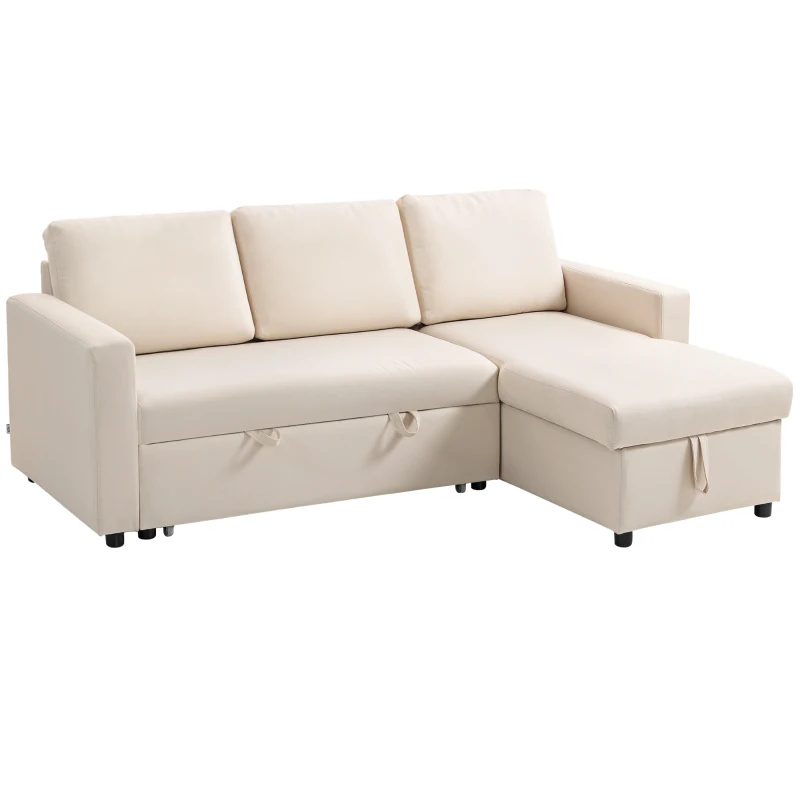 HOMCOM Divano angolare convertibile con chaise longue, vano portaoggetti e 3 cuscini per schienale, 211.5x146x85cm, crema