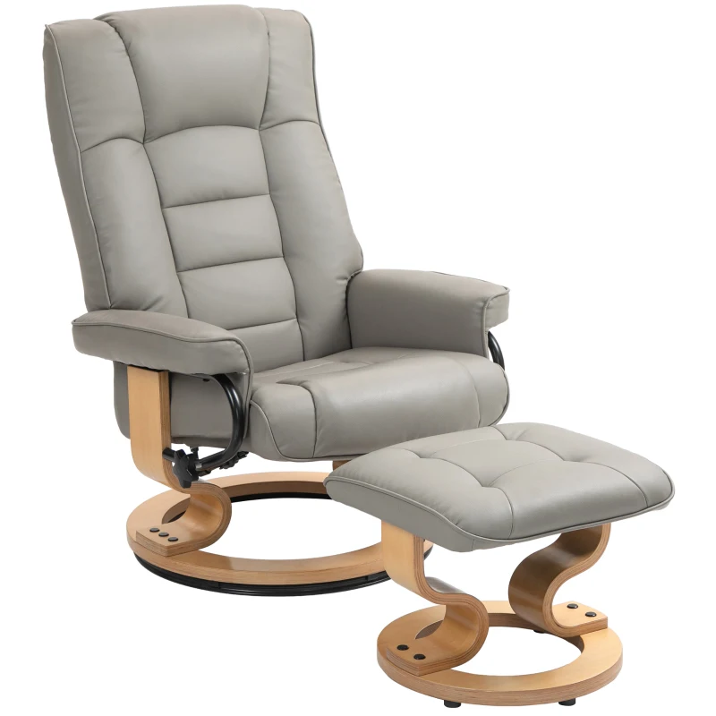 HOMCOM Relaxfauteuil met Voetenbankje, Draaibaar & Kantelbaar, Kunstlederen Bekleding, tot 150 kg, Houten Frame, Grijs