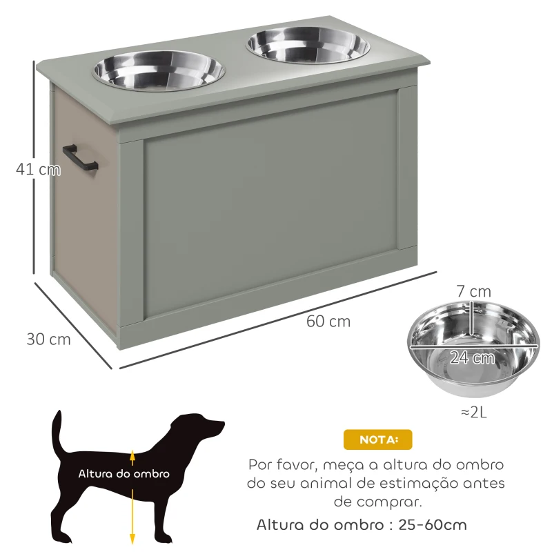 PawHut Comedouro Elevado para Cães com 2 Tigelas de Aço Inoxidável e Espaço de Armazenamento Oculto 60x30x41 cm Cinzento