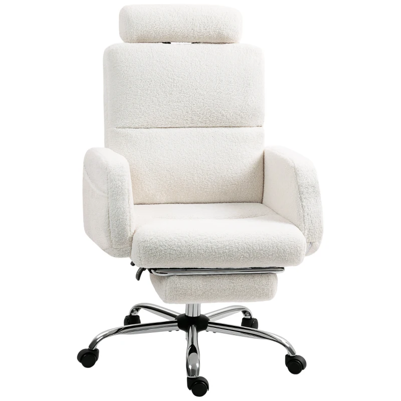 HOMCOM Silla de Escritorio con Reposapiés Tapizada en Borreguito con Respaldo Reclinable Reposacabezas Ajustable Crema