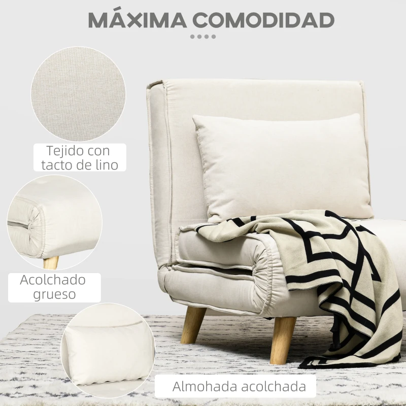 HOMCOM Sillón Cama Individual 2 en 1 Sofá Cama Plegable con Respaldo Ajustable y Cojín para Sala Dormitorio 72x78x79 cm Crema