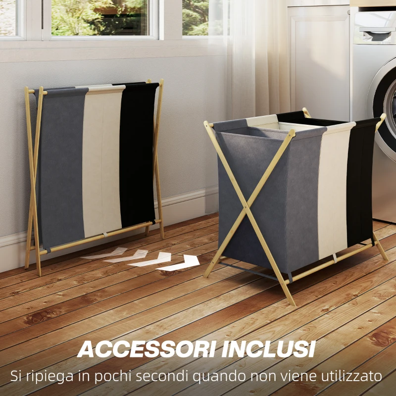 HOMCOM Cesto Portabiancheria Pieghevole a 3 Scomparti, in Bambù e Tessuto Effetto Lino, 75x48x67 cm, Multicolore