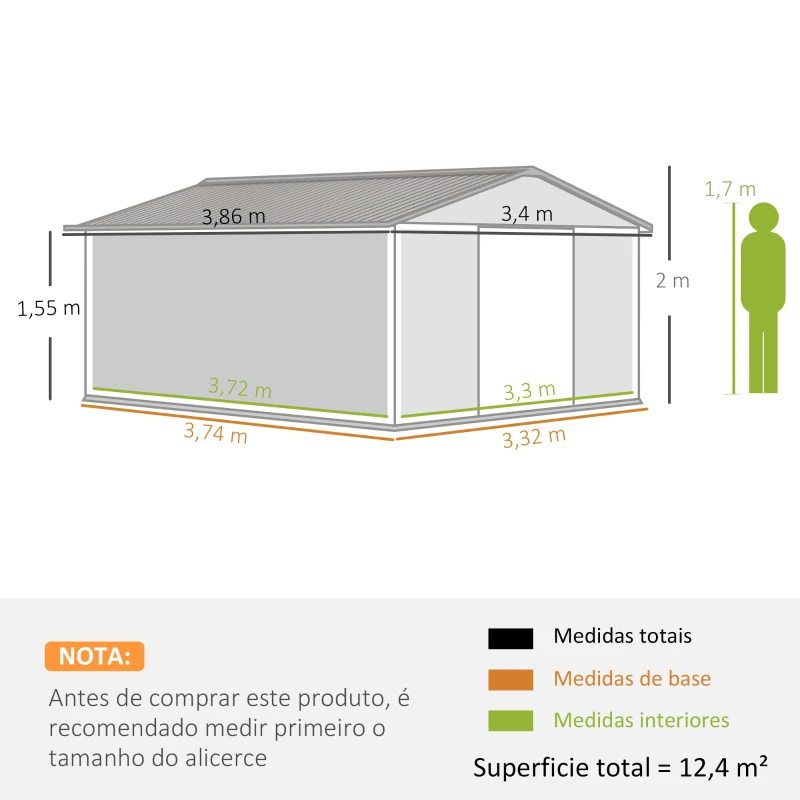 Outsunny Abrigo de Jardim Metálico 340x386x200cm Abrigo de Exterior para Armazenamento de Ferramentas com Base de Reforço Incluida 4 Janelas de Ventilação e Porta Corredeira Marrom