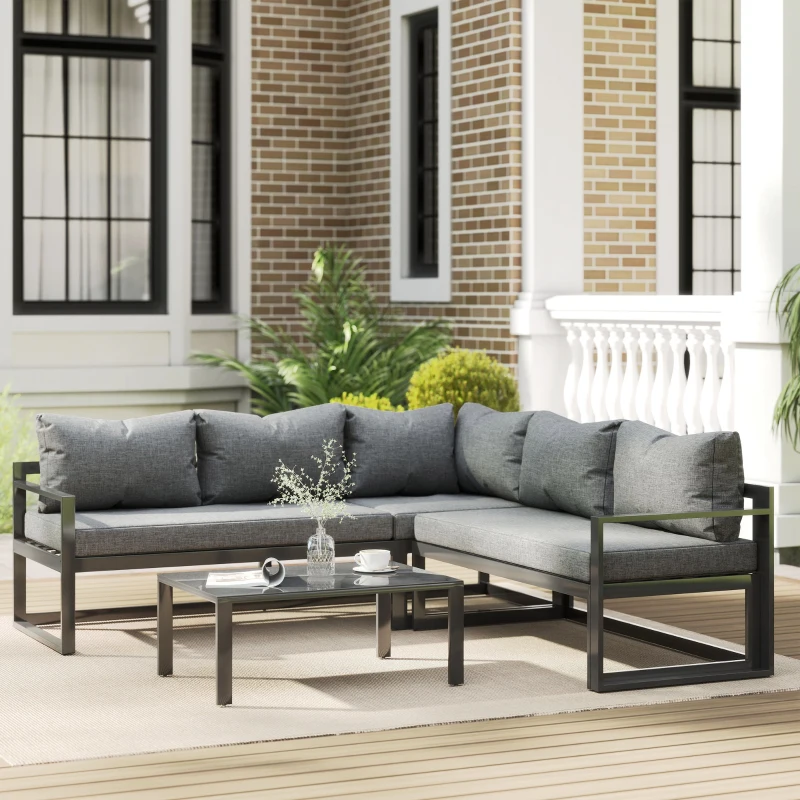 Outsunny 3-tlg. Gartengarnitur Gartenmöbel-Set mit Breitem Sitz, 4-stufig verstellbar Gartenliege Gartenset Sitzgruppe mit Beistelltisch Sofa mit Kissen Outdoor Aluminium Grau
