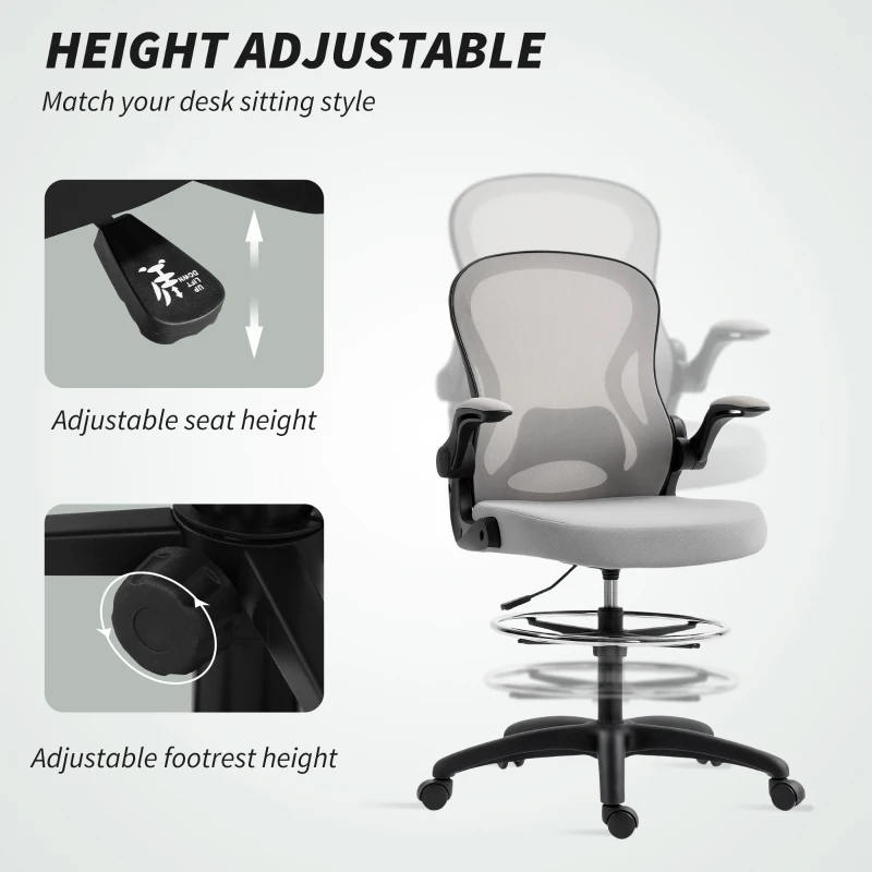 Vinsetto Adjustable Mesh Standing Desk Chair with Flip-up Armrests Lumbar Support Armrests Adjustable Footrest Ring Grey