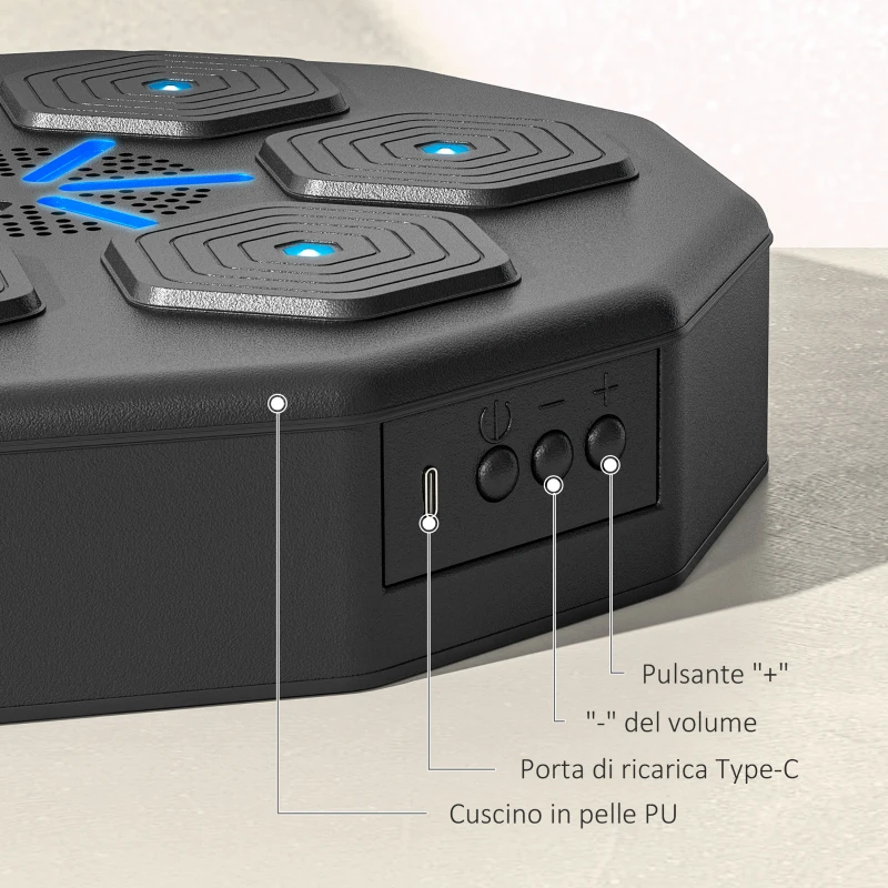 SPORTNOW Macchina da Boxe Musicale a Parete, con Connessione Bluetooth e Luci Blu, 40x40 cm, Nero