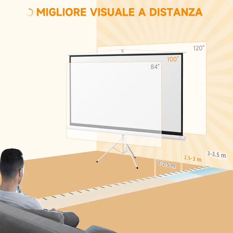 HOMCOM Telo Proiettore Pieghevole da 100" Formato 16:9 con Treppiede Regolabile, 235.8x8x136 cm, Bianco