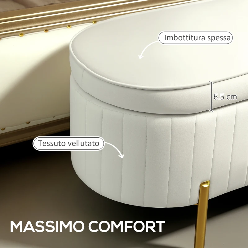 HOMCOM Panca Contenitore Ovale da 72L con Coperchio Sollevabile, in Tessuto Vellutato e Legno, 108x44x43.5 cm, Crema