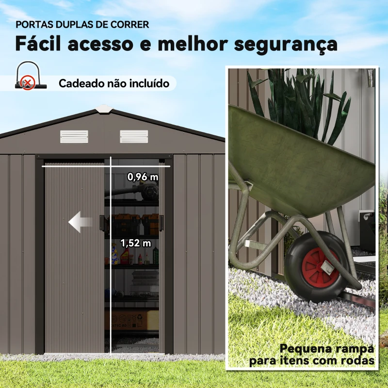 Outsunny Abrigo de Jardim 277x195x192 cm  Metálico para Armazenamento de Ferramentas com Base de Reforço Incluída Madeira